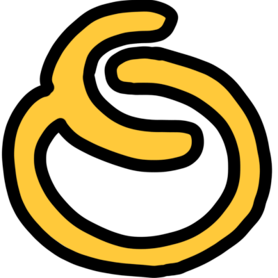 A yellow glyph with black outline that shows a c-shape cirling around to end with a line that goes into the 'c'